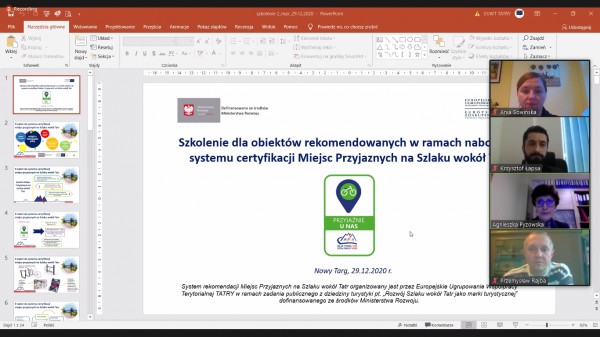 Szkolenie on-line dla osób zarządzających obiektami, które uzyskały certyfikaty w ramach naboru do systemu Miejsc Przyjaznych na Szlaku wokół Tatr